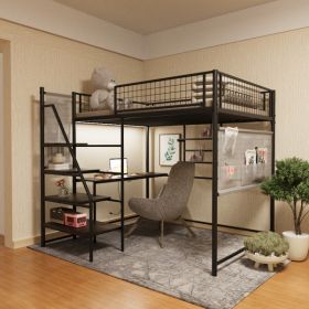 Full size loft metal bed with black for bedroom and dormitory, with built-in charging station and LED lighting