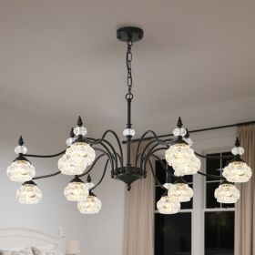 12 Lights Black Vintage Crystal Chandelier Farmhouse Round Hanging Light Fixture for Dining Room Living Room Bedroom