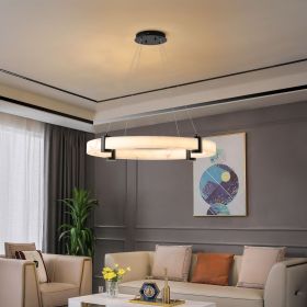 Modern LED Pendant Light, 23.6-Inch Round Hanging Chandelier with Adjustable Height, Imitation Marble Finish Resin Ring