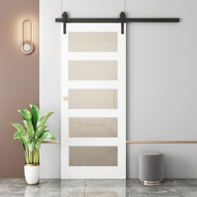 Glass Sliding MDF Barn Door with  Sliding Door Hardware Kit, 5 Tempered Frosted Glass, Slab Inside Covered with Water-Proof PVC Surface (size: 42 in x 84 in)