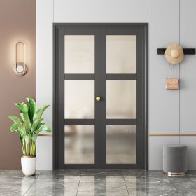 Bifold Doors for Opening, 3-lite Tempered Frosted Glass Closet Folding Doors with Hardware kit Included, Easy Assembly, Black (size: 16 in x 78 in)