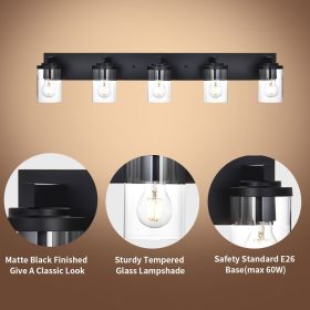 6-Light Vanity Light in Matt Black Finish, Vintage Farmhouse Mirror Lights with Clear Glass Shade. (Color: Black, Numbers of Light: 5-Light)